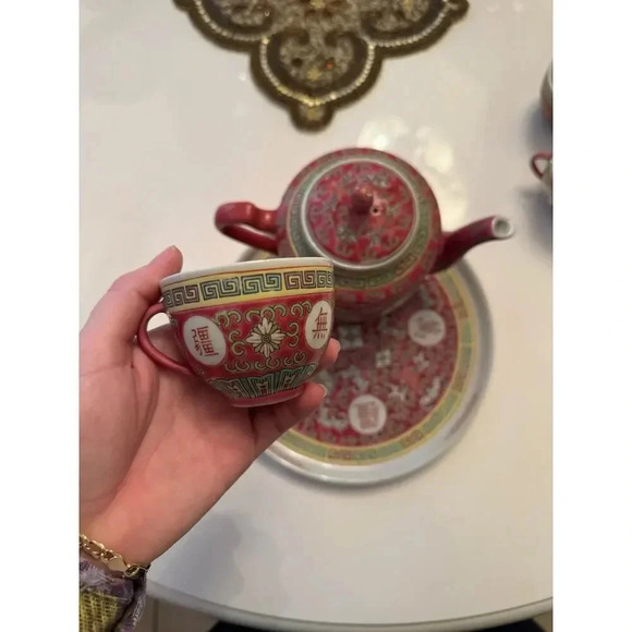 Chinese Wan Shou Wu Jiang Red Enamel Tea Set - Picture 7 of 9